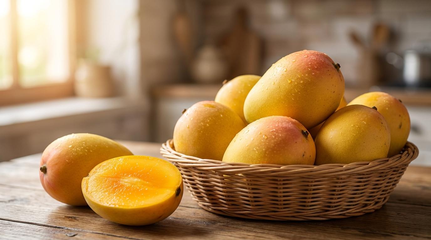 Fresh mangoes in a wicker basket